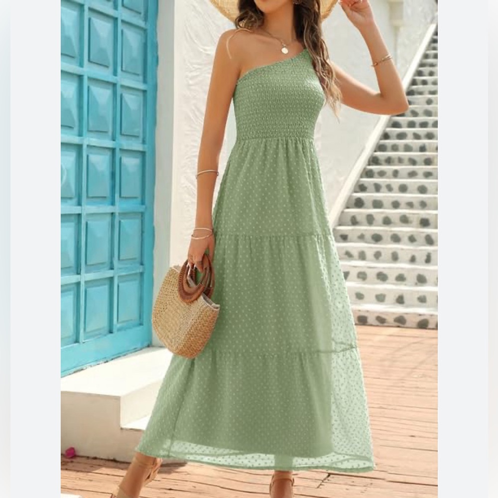 Zattcas One shoulder Sage Green Maxi Dress Smocked top Swiss Dot skirt Size L